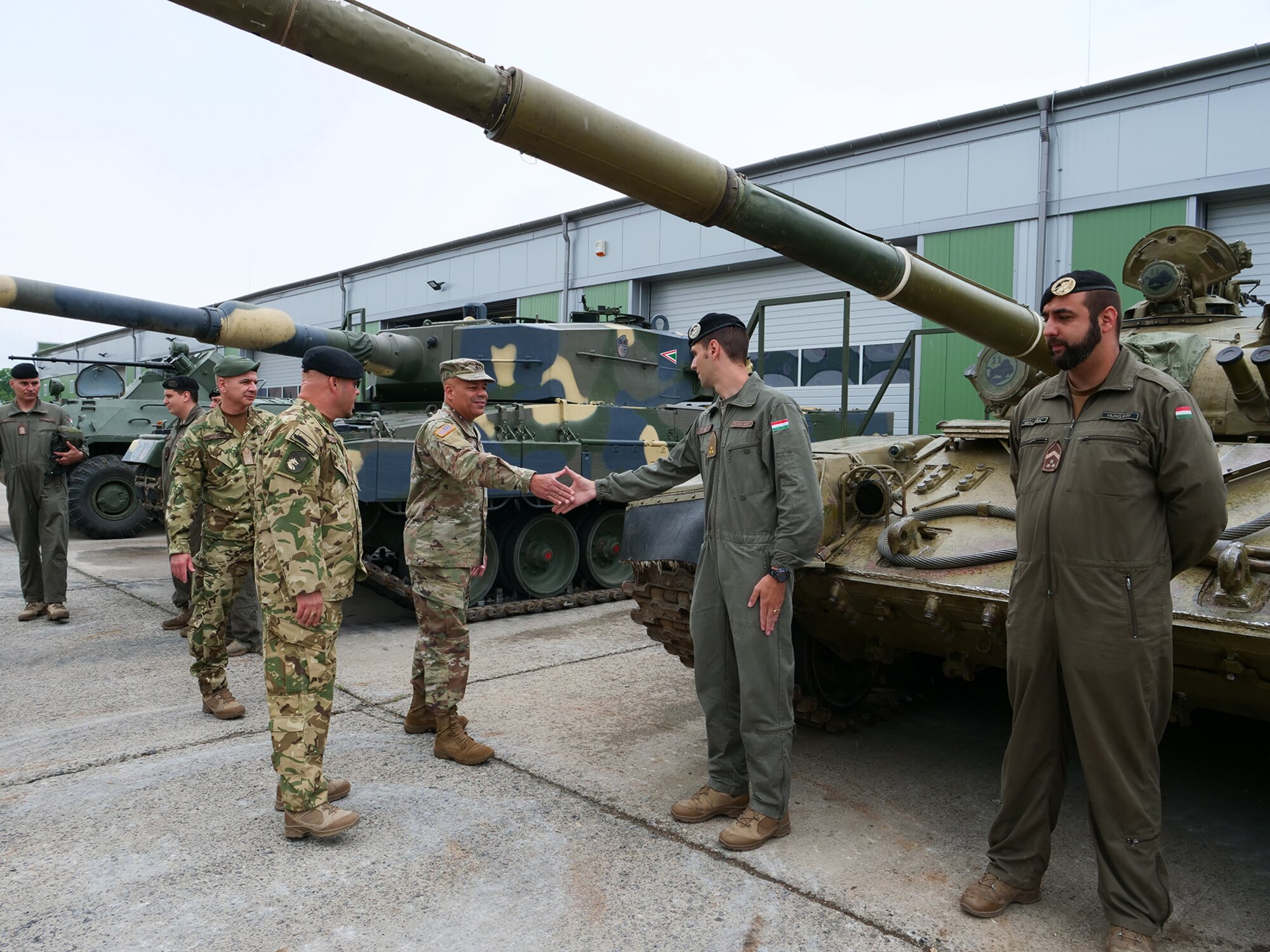 Maj. Gen. John C. Harris Jr., Ohio adjutant general, shakes hands with Hungarian Defence Forces soldiers during an infantry brigade presentation and showcase event June 9, 2022, in Tata, Hungary.