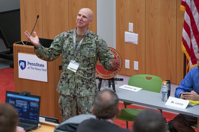 aval Surface Warfare Center, Philadelphia Division Commanding Officer Dana Simon gives opening remarks during the American Society of Naval Engineers (ASNE) Advanced Machinery Technology Symposium (AMTS) at Penn State University (Navy Yard), Philadelphia, on July 20, 2022.