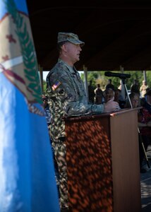 Col. Andrew Ballenger, incoming commander of the 45th Infantry Brigade Combat Team, Oklahoma National Guard, speaks at the change of command ceremony for the 45th IBCT, Camp Gruber Training Center, Okla., Aug. 14, 2022. Ballenger has served in the Army National Guard for over 30 years and has received many awards, to include a Legion of Merit and two Bronze Star Medals. (Oklahoma Army National Guard photo by Spc. Danielle Rayon)