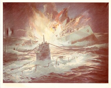 Painting by John D. Wisinski, USCG of the loss of USS TAMPA by UB-91 in the Bristol Channel off Wales in 1918.