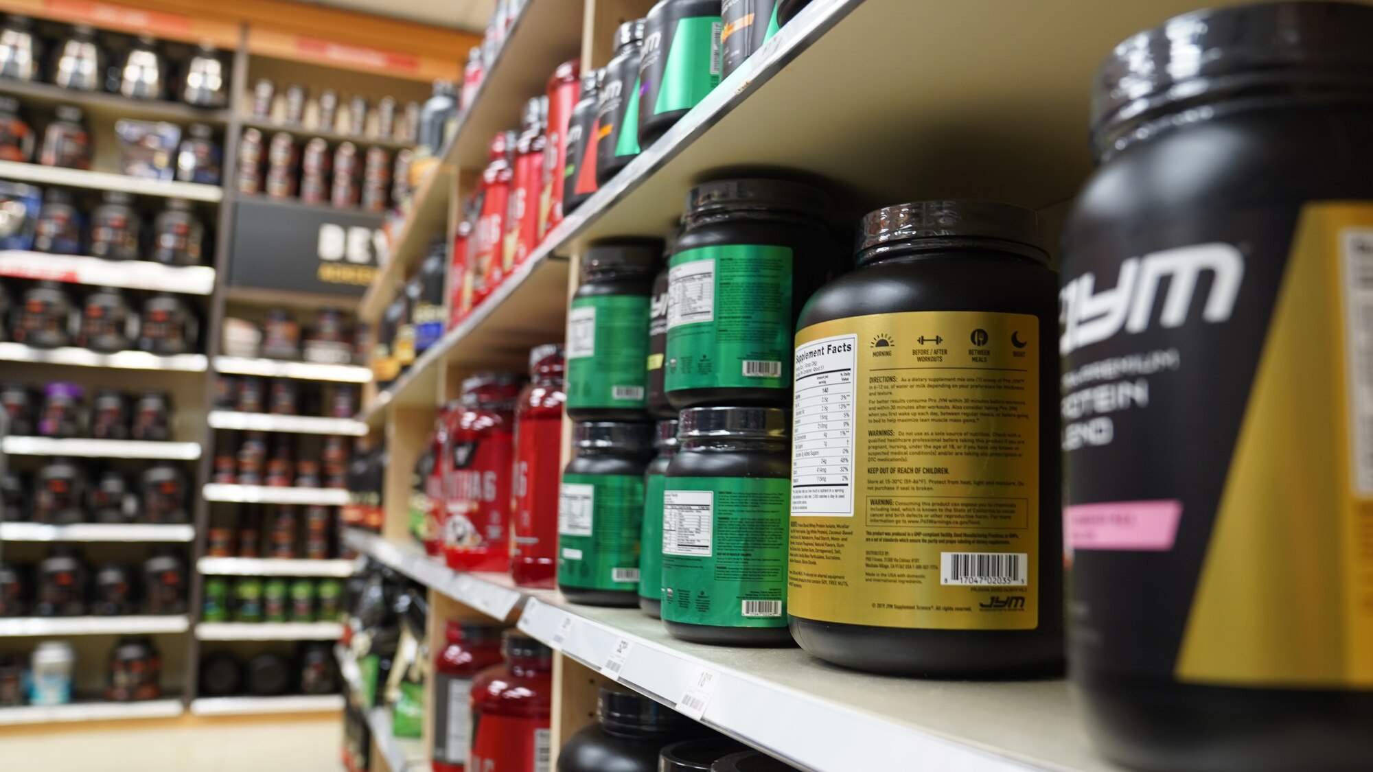 Various supplements are displayed for sale at the Base Exchange on Keesler Air Force Base, Mississippi, Aug. 16, 2022. All stores within the exchange are required to purge their inventories of any products containing banned substances for Department of Defense employees listed on the DoD Prohibited Dietary Supplement Ingredients List.