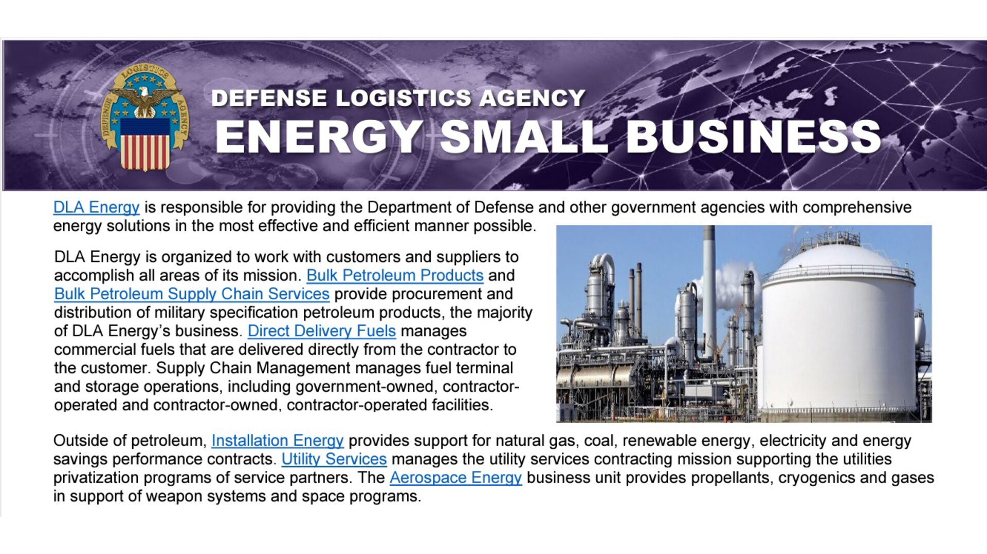 screenshot of DLA Energy Small Business Programs services