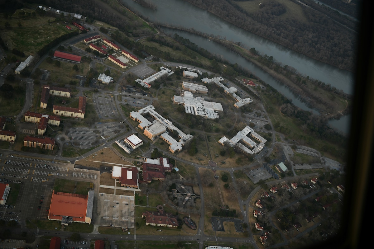 Aerial view of the Academic Circle at Air University on Maxwell Air Force Base, Alabama, Feb. 22, 2022. Air University is the U.S. Air and Space Force's center for professional military education. (U.S. Air Force photo by Senior Airman Jackson Manske)