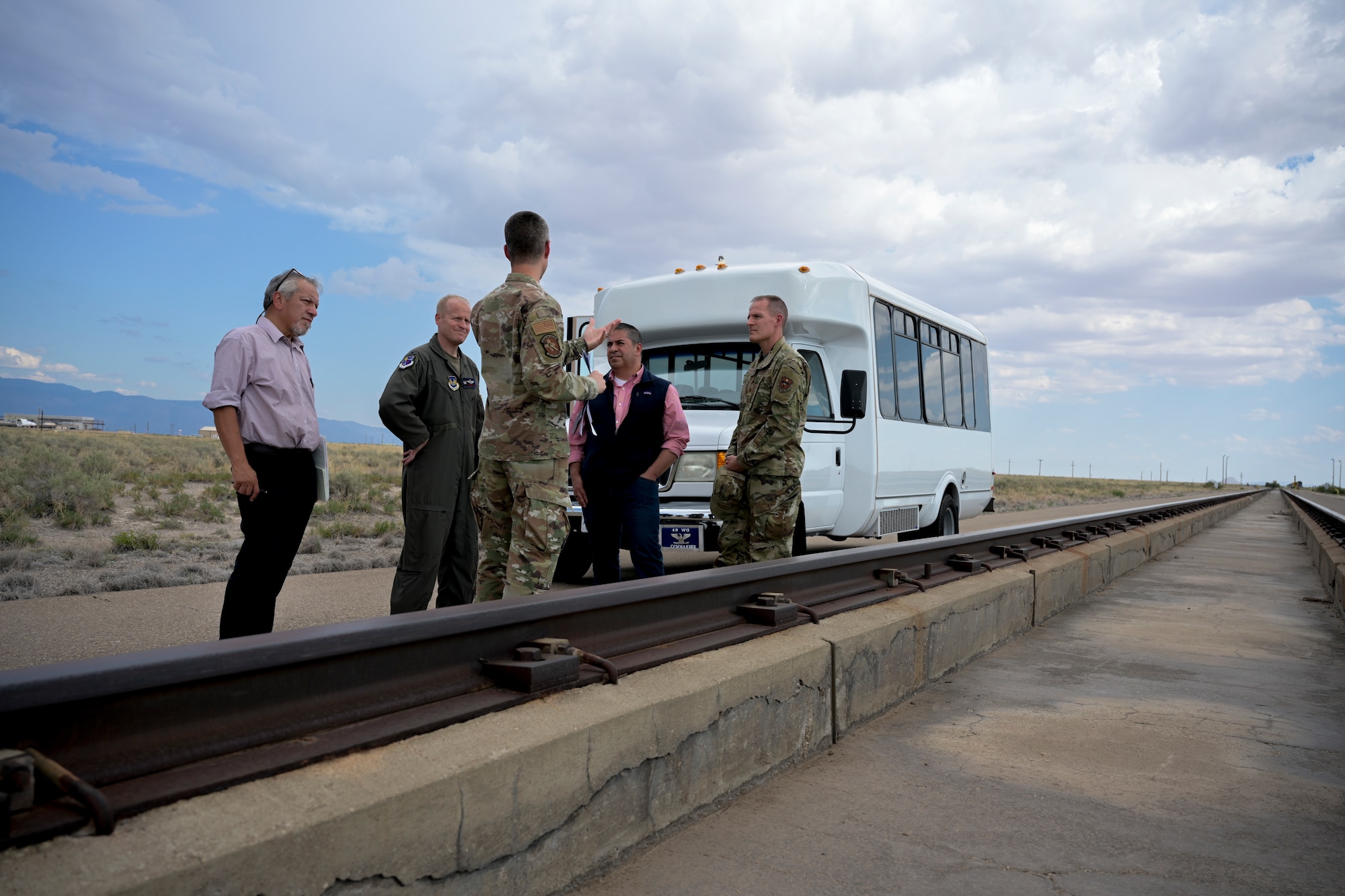 Sen. Ben Ray Lujan, of New Mexico, is given a briefing from Col. Darren Wees, 704th Test Group commander, on Holloman Air Force Base, New Mexico, August 15 2022.
The 704th Test Group’s mission is to operate world-class test facilities for high speed sled track testing, navigation and guidance system testing, radar signature measurements and weapons systems flight testing. (U.S. Air Force photo by Airman 1st Class Antonio Salfran)