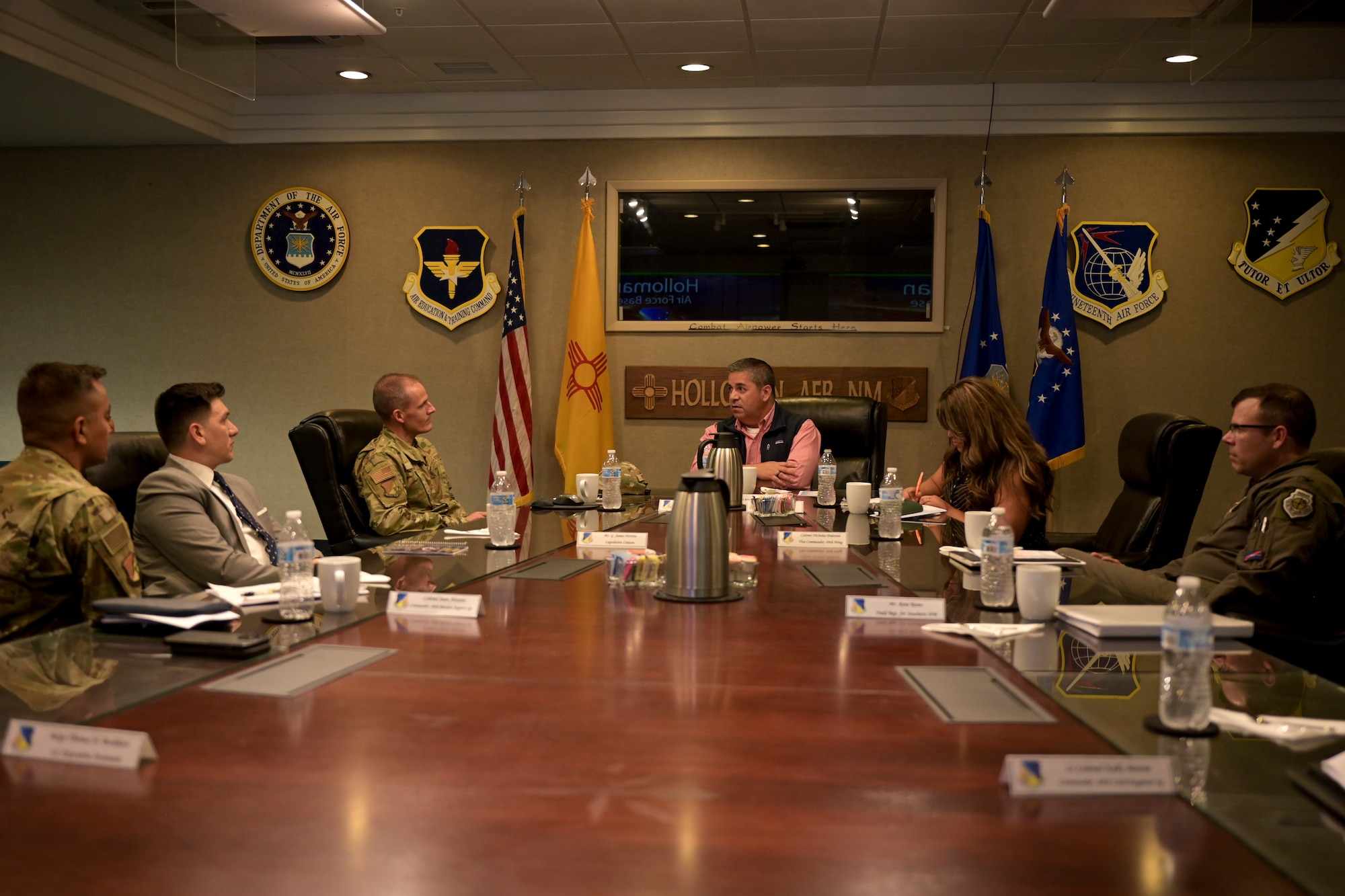 Sen. Ben Ray Lujan, of New Mexico, is given a presentation on the 49th Wing mission and future projects, on Holloman Air Force Base, New Mexico, August 15, 2022. This was Lujan’s first visit to Holloman as he conducts his visit around southern New Mexico.  (U.S. Air Force photo by Airman 1st Class Antonio Salfran)