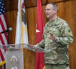Newly promoted Illinois Army National Guard Col. Randy Edwards, of Decatur, Illinois, Director of Plans, Training, and Operations, thanks family, friends, and colleagues for their support throughout his nearly three-decade career, at a promotion ceremony Aug. 18 at the Illinois Military Academy, Camp Lincoln, Springfield, Illinois.