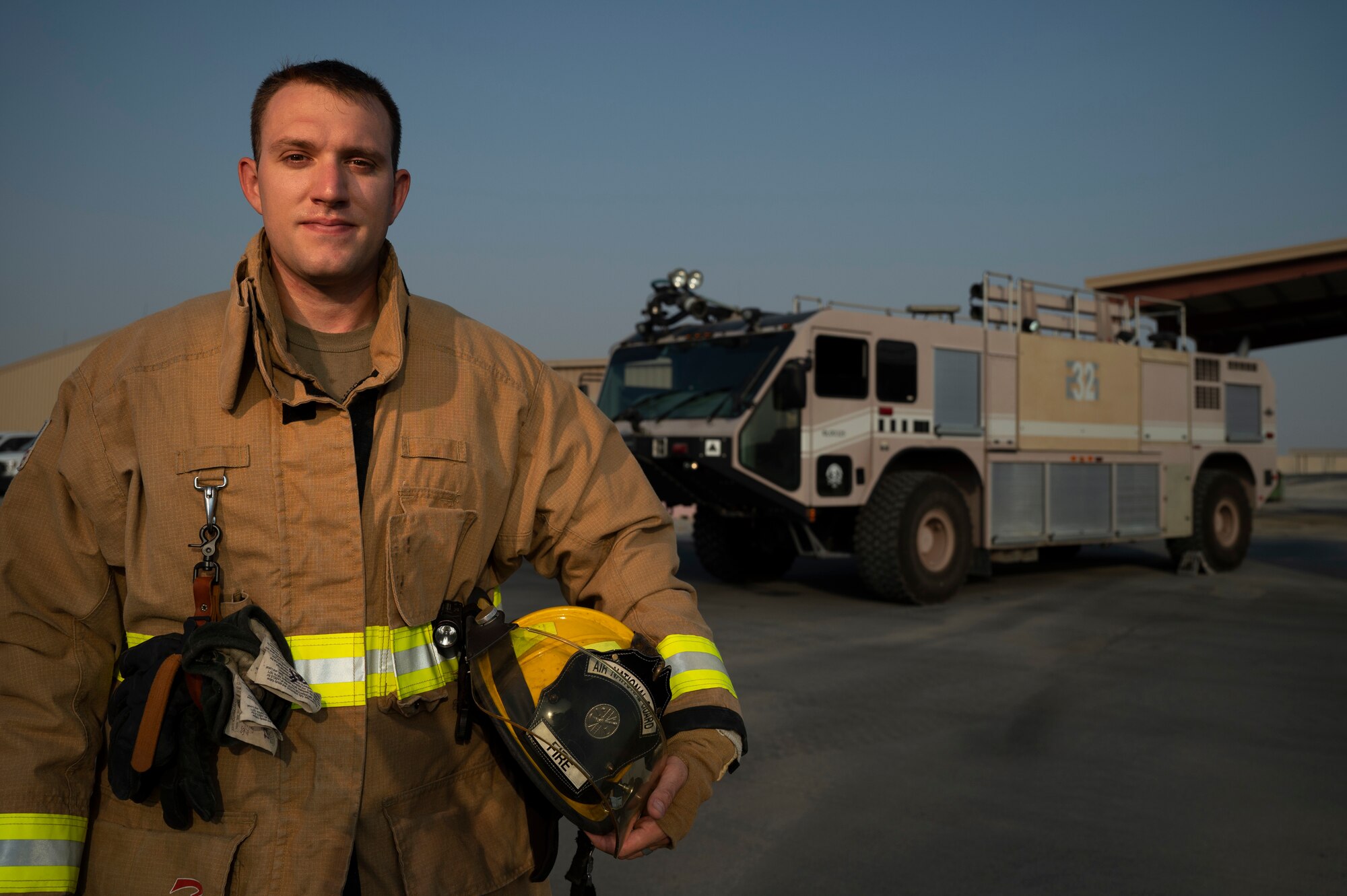 U.S. Air Force Staff Sgt. Nicholas Tafanelli, 386th Expeditionary Civil Engineer Squadron fire protection, is stationed at Ali Al Salem Air Base, Kuwait, August 2, 2022. Tafanelli was recently recognized at the United Service Organizations Service Member of the Year award for responding to 318 emergencies, including 61 fires and 128 motor vehicle accidents as a firefighter in Topeka, Kansas. (U.S. Air Force photo by Staff Sgt. Dalton Williams)