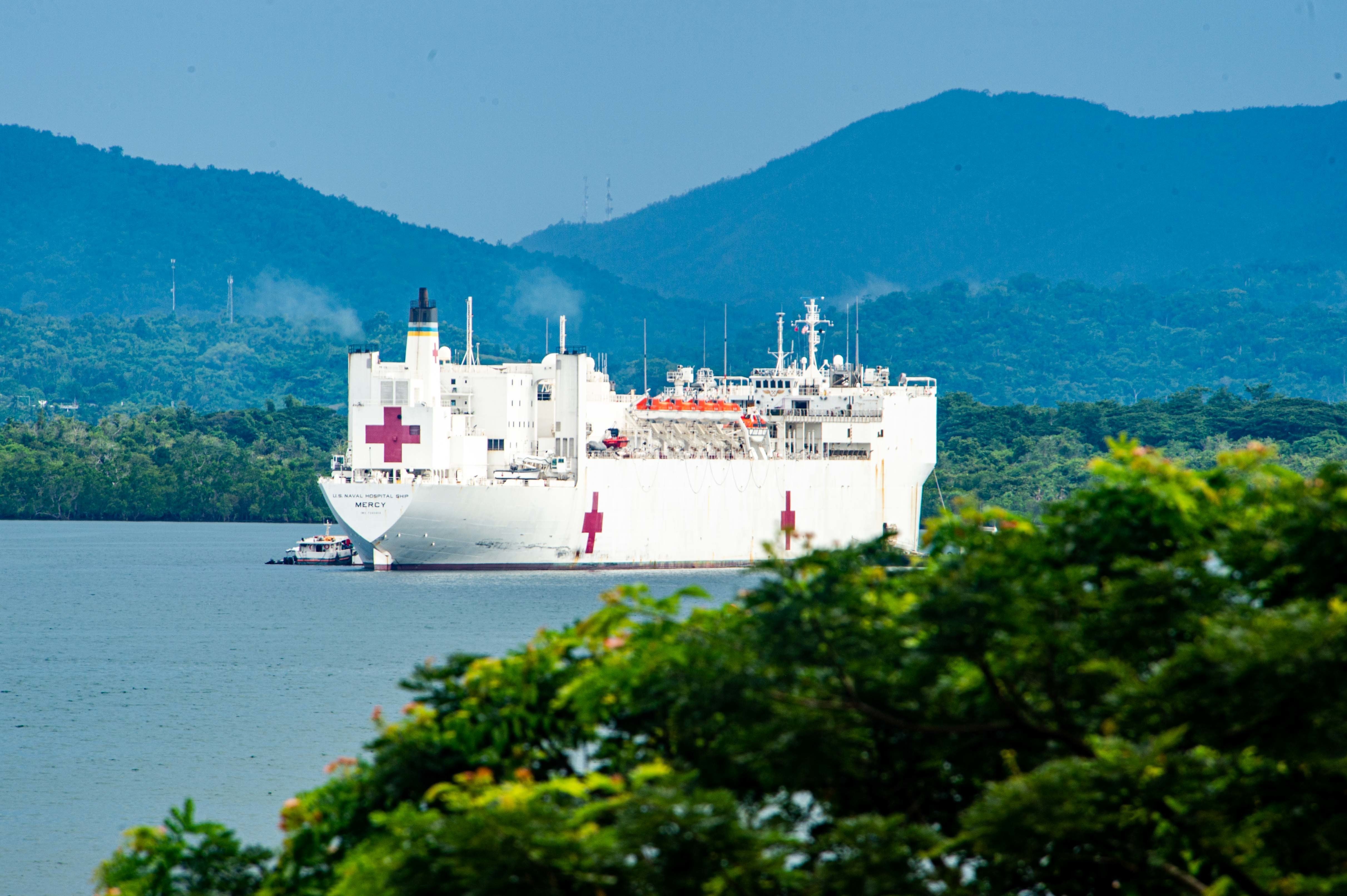 PUERTO PRINCESA, Philippines (August 5, 2022) – Military Sealift Command hospital ship USNS Mercy (T-AH 19) sits at anchor upon its arrival off the coast of Puerto Princesa, Philippines, during Pacific Partnership 2022. Now in its 17th year, Pacific Partnership is the largest annual multinational humanitarian assistance and disaster relief preparedness mission conducted in the Indo-Pacific. (U.S. Navy photo by Mass Communication Specialist 3rd Class Raphael McCorey)