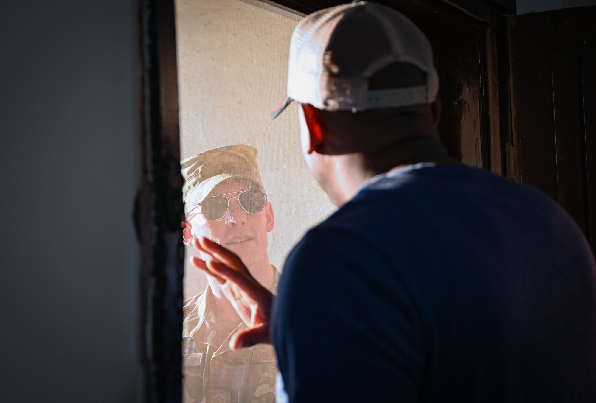 Master Sgt. Sean Fetke, First Sgt. assigned to the 39th Communications Squadron, participates in a simulated First Sgt. response call during a real-world exercise scenario as part of training for the First Sergeant symposium at Incirlik Air Base, Turkey, August 4, 2022. The training consisted of three scenarios the attendees might respond to while acting as a first sergeant. The purpose of this event is to teach additional duty first sergeants what it means to fill the role and share knowledge with those who might be interested in wearing a diamond of their own one day. (U.S. Air Force photo by Staff Sgt. Gabrielle Winn)