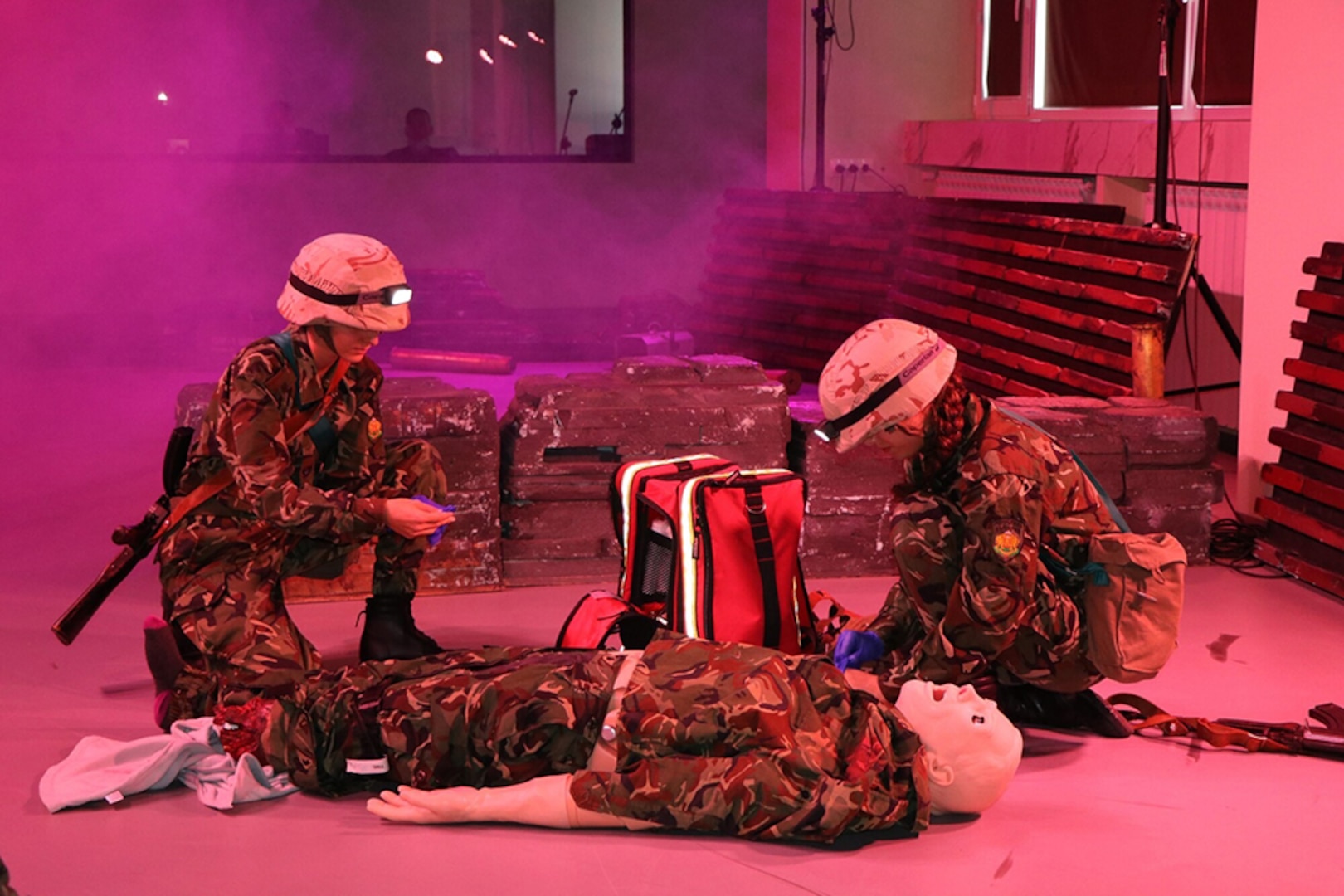 Bulgarian combat medics treat a simulated casualty at the Bulgarian Military Medical Simulation Center in Sofia, Bulgaria, 10 August, 2022.