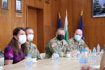 From L to R, U.S. Ambassador Herro Mustafa, U.S. Army Lt. Col. Alexander Apostle, U.S. Army Col. Keith Evans, and U.S. Army Col. James Kyle listen to the presentation on the Bulgarian Military Medical Simulation Center at the Military Medical Academy in Sofia, Bulgaria, 10 August, 2022.