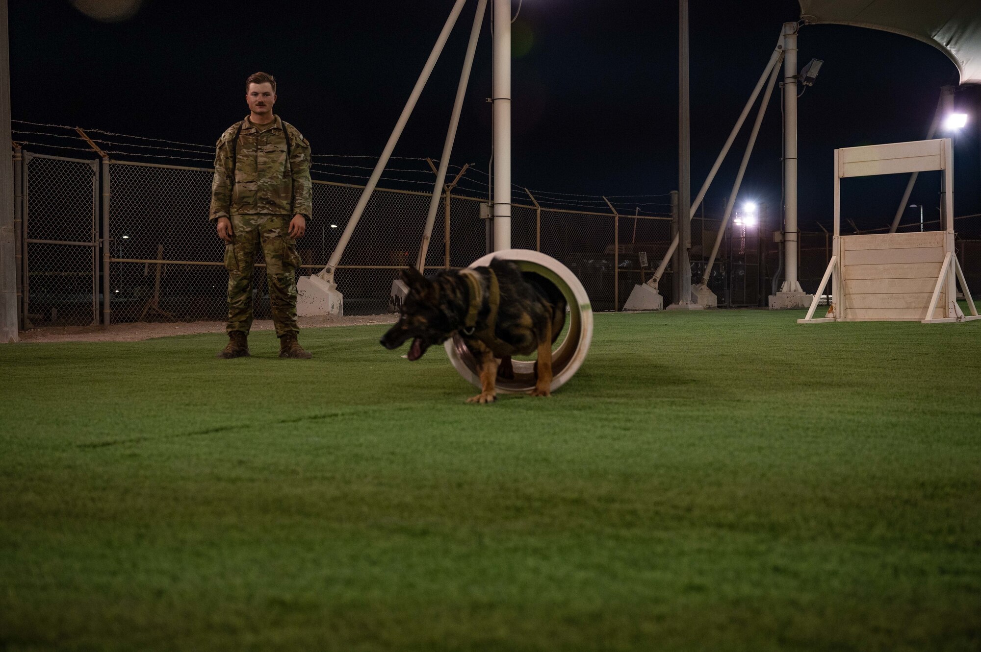 U.S. Air Force Staff Sgt. Justin Pickens, a military working dog handler, 379th Expeditionary Security Forces Squadron, runs his dog through another round of training, at Al Udeid Air Base, Qatar, on AUG 10, 2022. Pickens worked with his dog Gyozo, on different types of tasks and various conditioning exercises to keep skills and responses sharp. (U.S. Air Force photo by Staff Sgt. Dana Tourtellotte)