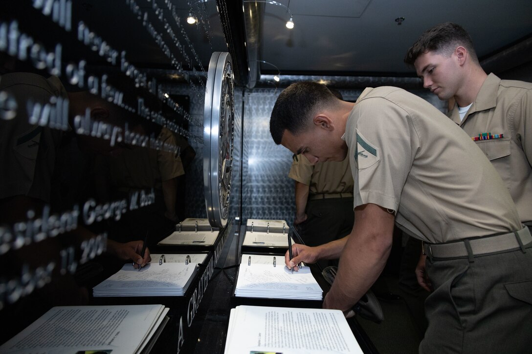 U.S. Marines from various infantry units across the Marine Corps pay respects at the America’s Heroes Memorial while touring the Pentagon in Arlington, Virginia, Aug. 11, 2022. These Marines were allotted the opportunity to tour the Pentagon after winning the Super Squad competition. The competition evaluates tactical proficiency of rifle squads and determines, under simulated combat conditions, the Division’s most proficient and capable rifle squad. (U.S. Marine Corps photo by Cpl. Ellen Schaaf)