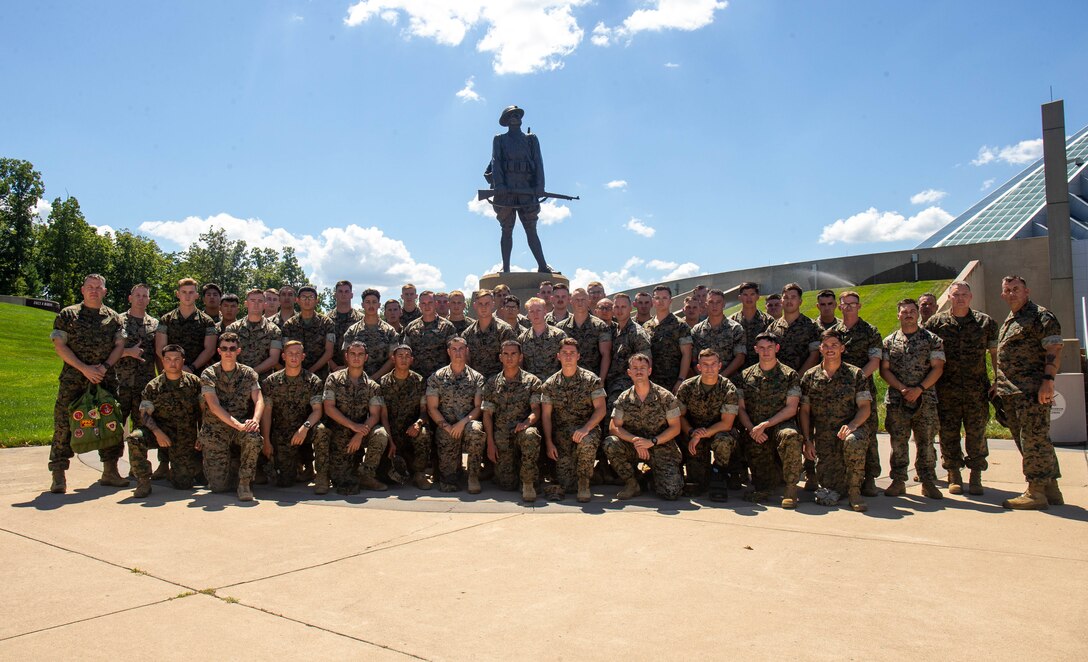 U.S. Marine Corps Rifle Squad Competition winners take a tour of the National Museum of the Marine Corps, at Triangle, Virginia, Aug. 12, 2022. The competition tests an infantry squads capabilities in land navigation, call for fire, repeal and attack, fire and maneuver, and offensive and defensive operations. The winners were recognized during a ceremony at the Evening
Parade at Marine Barracks, Washington, D.C., Aug. 12, 2022. (U.S. Marine Corps Photo by Cpl. Mitchell Johnson)