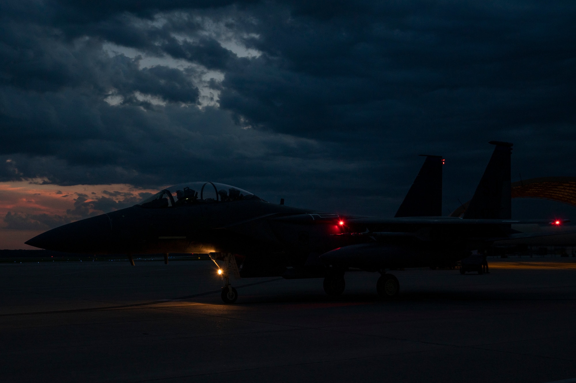An F-15E Strike Eagle prepares for takeoff at Seymour Johnson Air Force Base, North Carolina, July 27, 2022.