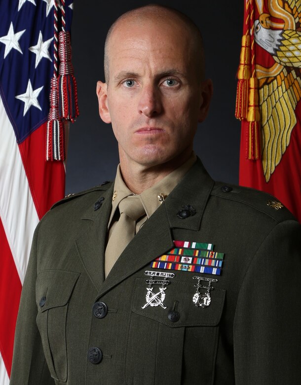 Official portrait of U.S. Marine Corps Major Spencer Sweet, executive officer of Combat Logistics Regiment 27, 2nd Marine Logistics Group.