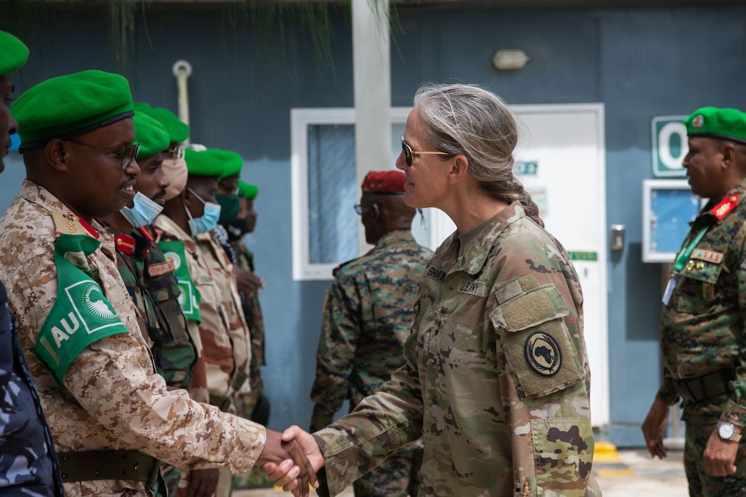 A U.S. soldier shakes hands with one of several military members.