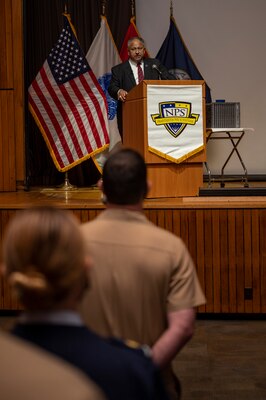 Secretary of the Navy Carlos Del Toro answers questions from students, faculty and staff during a Secretary of the Navy Guest Lecture (SGL) at the Naval Postgraduate School (NPS), about lifelong learning Aug. 18, 2022. The SGL series exposes students, faculty and staff to prominent speakers, recognized as distinguished leaders in their fields of expertise.