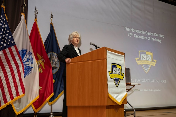 The Naval Postgraduate School President Vice Adm. Ann Rondeau (Ret.) introduces Secretary of the Navy Carlos Del Toro for a Secretary of the Navy Guest Lecture (SGL) at the Naval Postgraduate School (NPS), about lifelong learning Aug. 18, 2022. The SGL series exposes students, faculty and staff to prominent speakers, recognized as distinguished leaders in their fields of expertise.