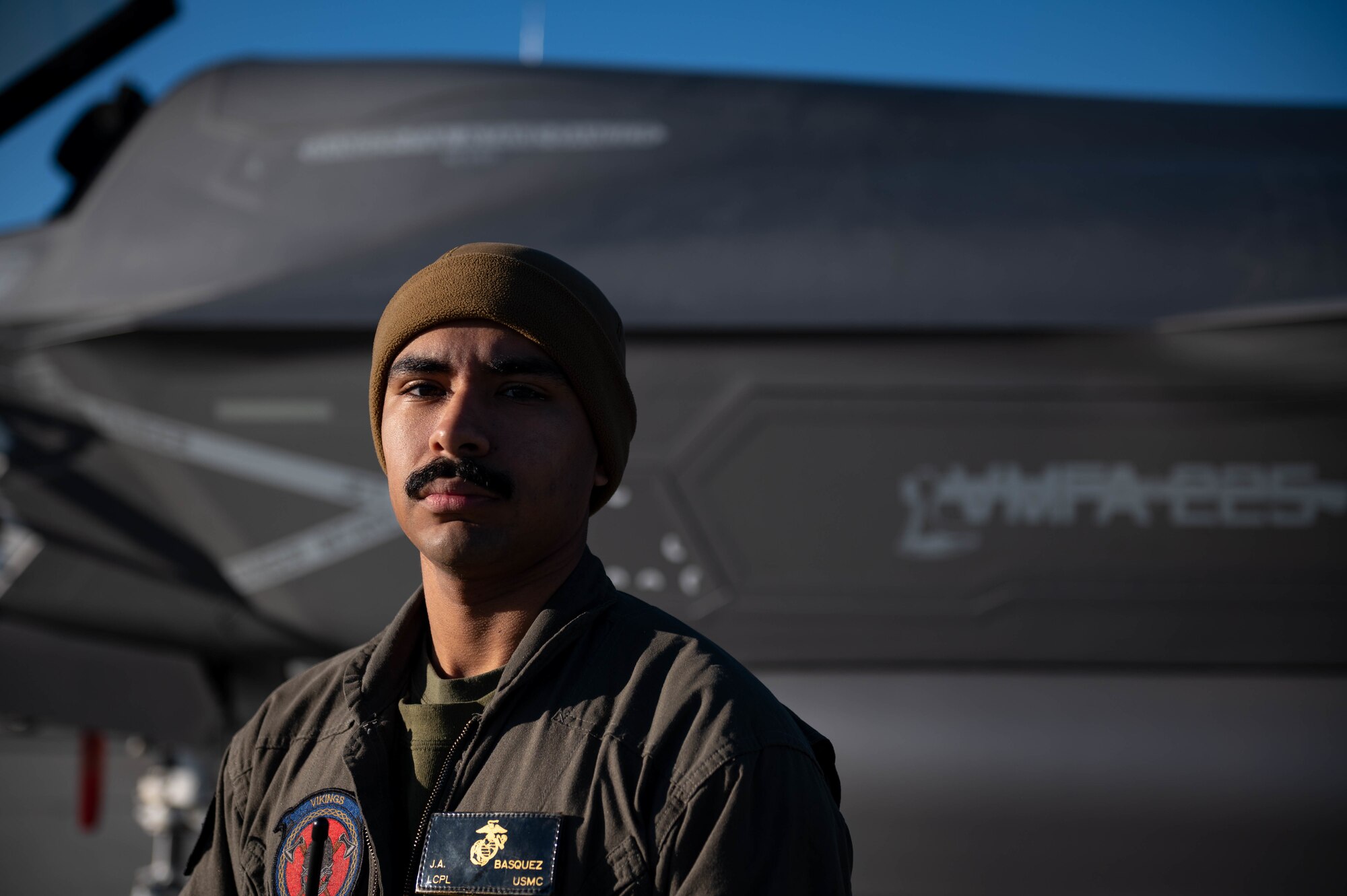 A troop shows off their mustache while at RED FLAG-Alaska