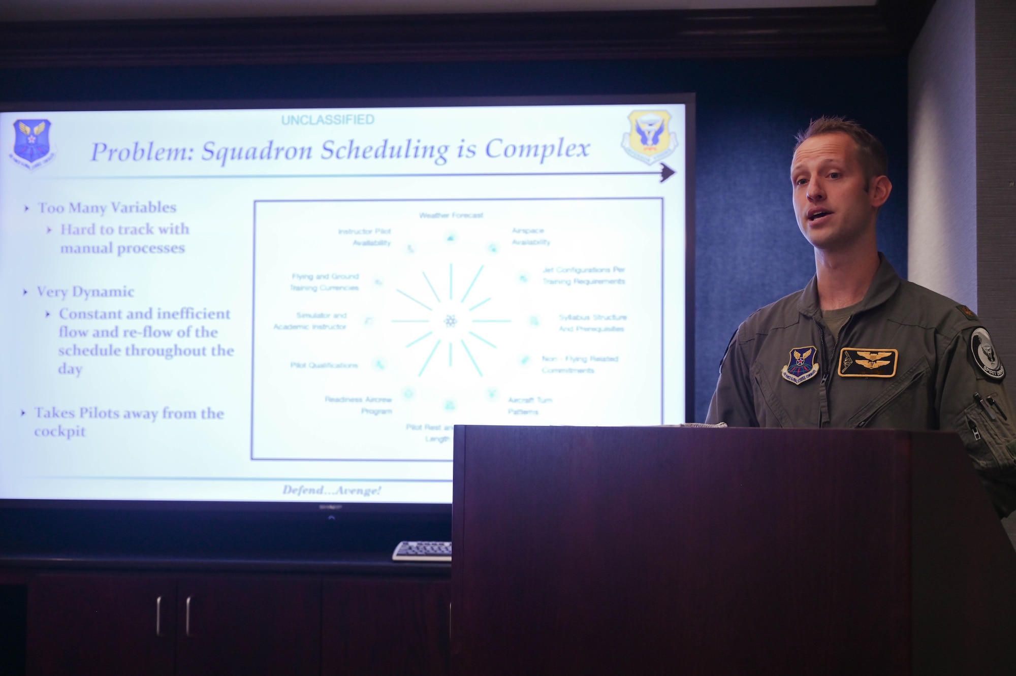 A pilot, assigned to the 393rd Bomb Squadron, pitches his idea to Wing leadership at Whiteman Air Force Base, Missouri, August 16, 2022. The presentation was a part of the annual Stealthwerx Spark Tank competition which gives Airmen the opportunity to present ideas that bring about significant changes that can improve the lives of airmen here and around the Air Force. (U.S. Air Force photo by Airman 1st Class Hailey Farrell)