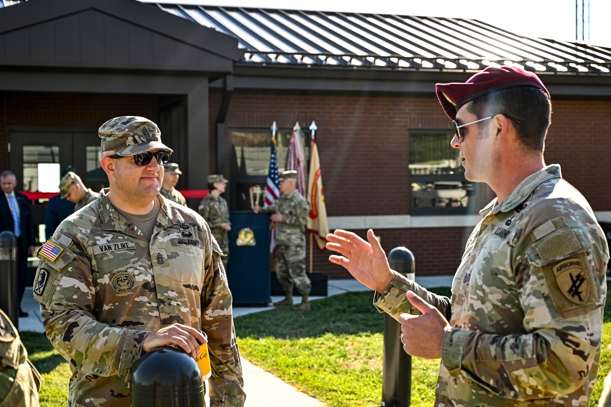 U.S. Army Command Sgt. Maj. James Van Zlike, Army Support Activity Fort Dix command sergeant major, greets guests at the ASA Fort Dix Aviation Facility ribbon cutting ceremony at Joint Base McGuire-Dix-Lakehurst N.J. on Aug. 19, 2022. The Army Aviation Facility Project was a MILCON effort valued at 11.7 million dollars and made possible through the joint effort of ASA Fort Dix and the U.S. Marine Corps Marine Aircraft Group 49. The 2100 square foot building is host to an Army Ramp Management Area which provides a wide range of capabilities for both fixed and rotary wing aircraft such as the C-130, CH-47S, and UH-60S. The addition of the new Army Ramp will provide enhanced load out and aviation operation training capabilities, parking for Army aviation aircraft, refueling, troop movement and flight planning operations for approximately 216,000 people that use JB MDL to meet readiness requirements.