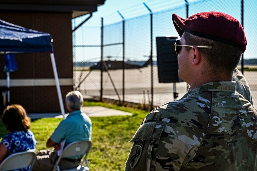 U.S. Army Sgt. Jeremy Golden, 404th Civil Affairs Battalion, attends the Army Support Activity Fort Dix Aviation Facility ribbon cutting ceremony at Joint Base McGuire-Dix-Lakehurst N.J. on Aug. 19, 2022. The Army Aviation Facility Project was a MILCON effort valued at 11.7 million dollars and made possible through the joint effort of ASA Fort Dix and the U.S. Marine Corps Marine Aircraft Group 49. The 2100 square foot building is host to an Army Ramp Management Area which provides a wide range of capabilities for both fixed and rotary wing aircraft such as the C-130, CH-47S, and UH-60S. The addition of the new Army Ramp will provide enhanced load out and aviation operation training capabilities, parking for Army aviation aircraft, refueling, troop movement and flight planning operations for approximately 216,000 people that use JB MDL to meet readiness requirements.