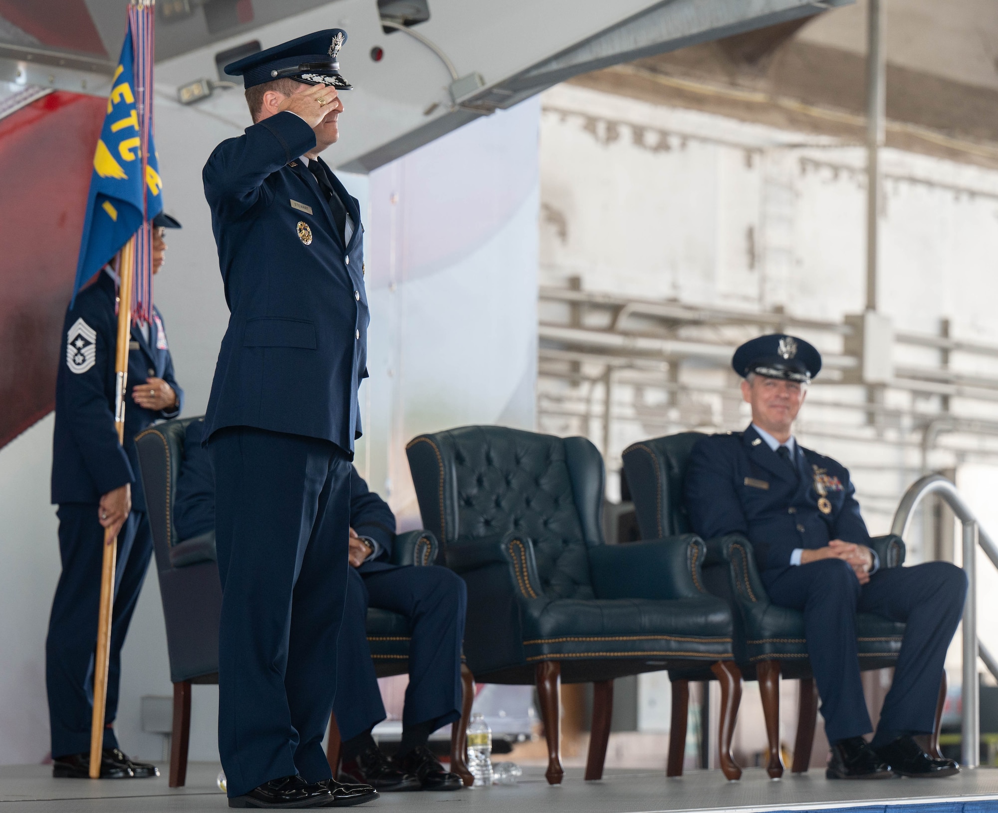 U.S. Air Force Maj. Gen. Phillip A. Stewart, 19th Air Force commander, renders his first salute
during the 19th Air Force change of command ceremony August 19, 2022, at Joint Base San
Antonio-Randolph, Texas. Stewart oversees top level instruction and flying operations manning,
contracts, logistics and maintenance trends. (U.S. Air Force photo by Senior Airman Tyler
McQuiston)