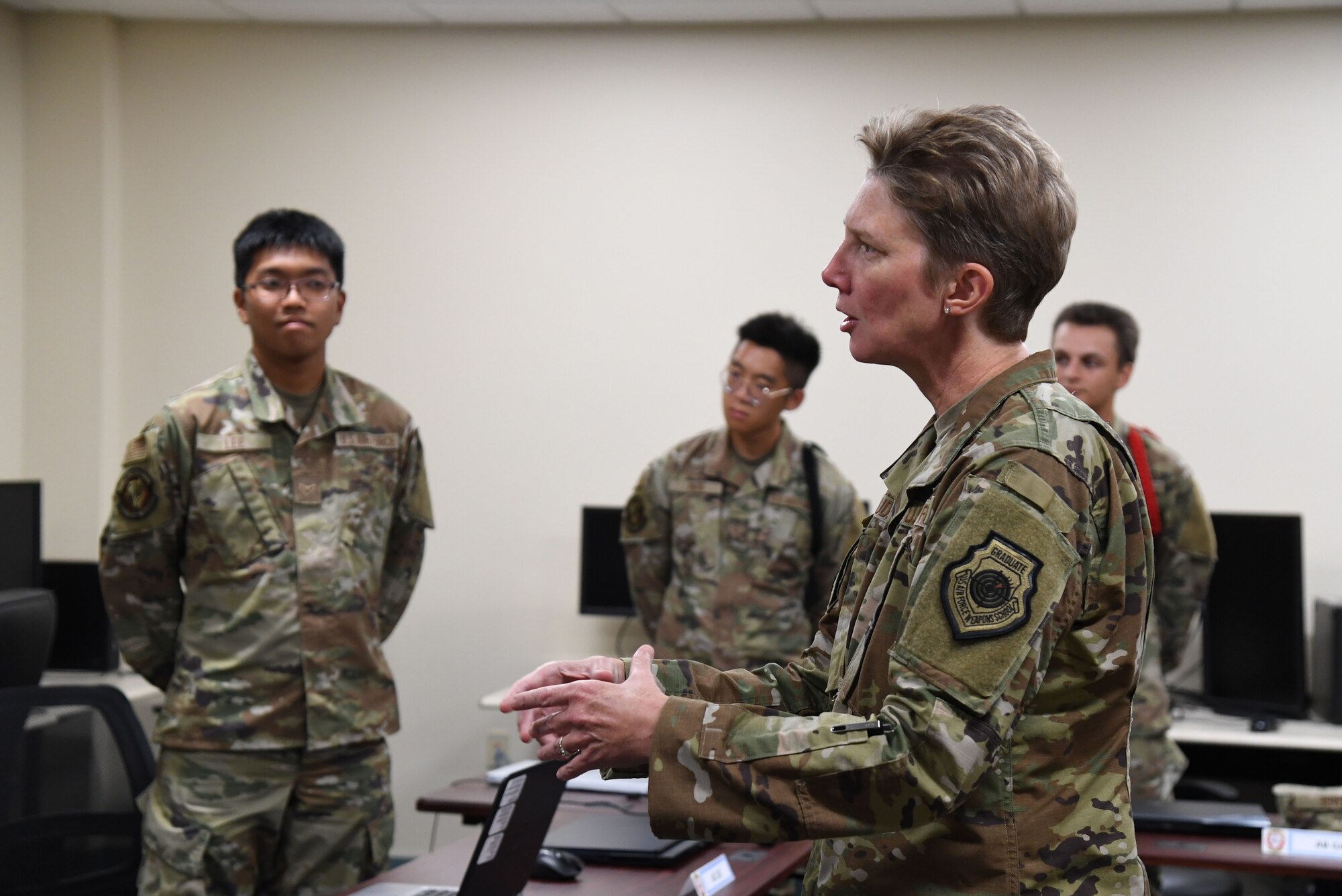 U.S. Air Force Lt. Gen. Leah Lauderback, Deputy Chief of Staff for Intelligence, Surveillance, Reconnaissance and Cyber Effects Operations, Headquarters U.S. Air Force, the Pentagon, Arlington, Virginia, speaks with 336th Training Squadron Airmen in Thomson Hall at Keesler Air Force Base, Mississippi, August 15, 2022. Lauderback and her team toured the 333rd Training Squadron and 336th Training Squadron to meet and greet squadron personnel, understand the squadron's mission and be briefed on new innovations. (U.S. Air Force photo by Kemberly Groue)
