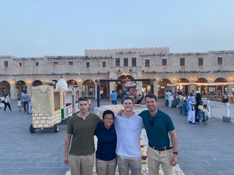 ROTC cadets Sam Mosholder, Pei Ren, Tristan Arendt and Joseph Pacholski stop for a photo in front of Souk Waqif in Doha, Qatar. The cadets visited Qatar as part of an ROTC summer engineering internship program where they learn from military and civilian engineers. They were assigned to the U.S. Army Corps of Engineers Transatlantic Middle East District spending part of the program in Winchester, Va. and part in Doha, Qatar.