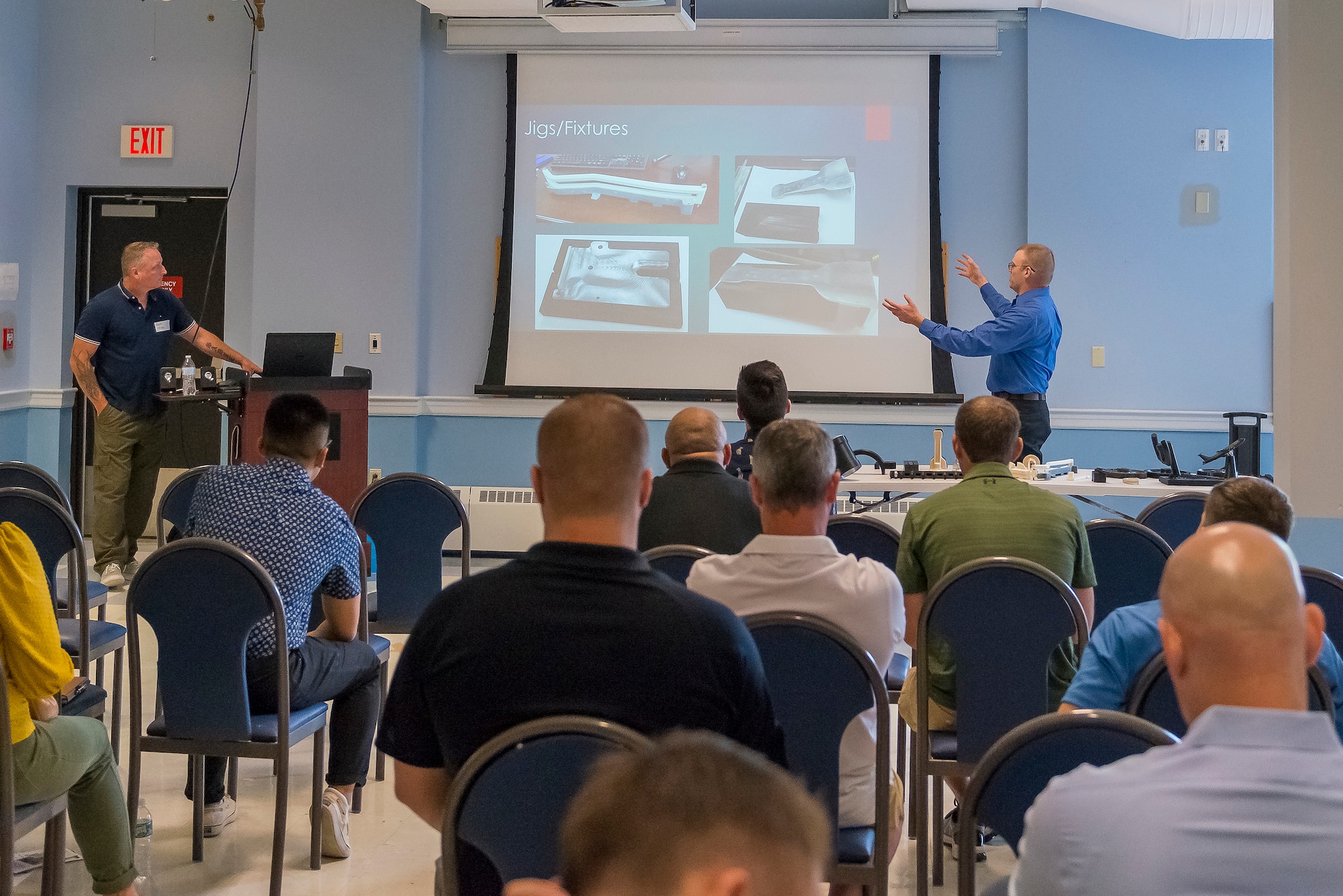 U.S. Air National Guard Master Sgt. Jason Howes, Fabrication Section Supervisor for the 101st Maintenance Squadron and U.S. Air National Guard Tech. Sgt. Christopher Look, a Metals Technology Machinist for the 101st Maintenance Squadron share their innovation story at the New England Spark Summit Aug, 11, 2022.