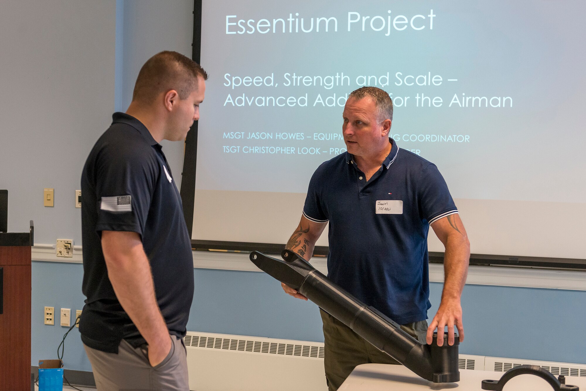 U.S. Air National Guard Master Sgt. Jason Howes, Fabrication Section Supervisor for the 101st Maintenance Squadron discusses the design elements of a 3d printed part at the New England Spark Summit Aug, 11, 2020.