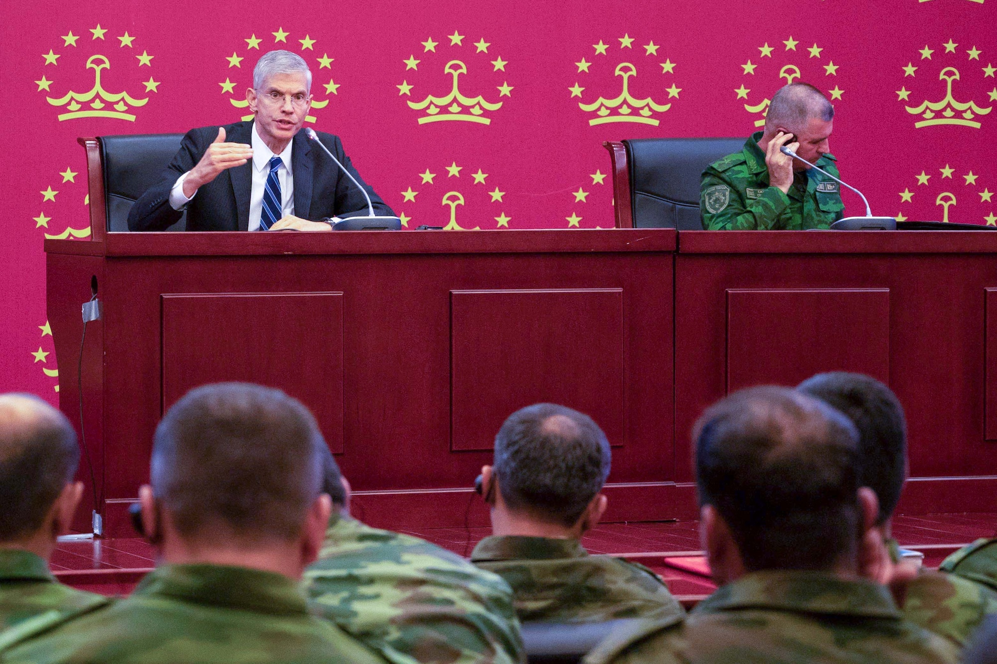 U.S. Ambassador to Tajikistan, John Mark Pommersheim, welcomed U.S. and partner nations of the U.S. Central Command-sponsored REGIONAL COOPERATION 22 military exercise, hosted by Tajikistan.  (U.S. Air National Guard photo by Maj. Angela Walz)