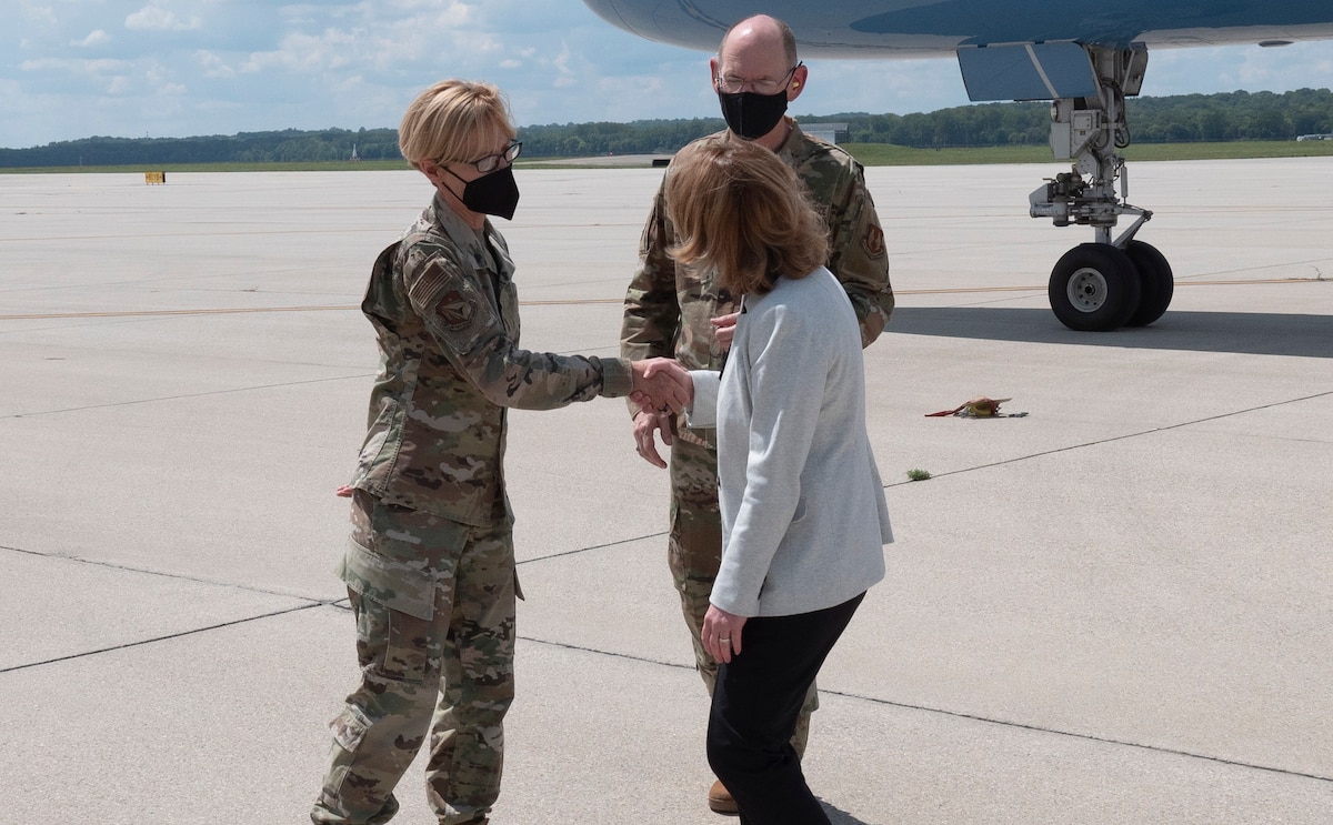 Air Force Research Laboratory Commander Maj. Gen. Heather Pringle and Gen. Duke Richardson, commander of Air Force Materiel Command, greet Deputy Secretary of Defense Dr. Kathleen H. Hicks, who visited Wright-Patterson Air Force Base, Aug. 17, 2022. (U.S. Air Force photo / Keith Lewis)