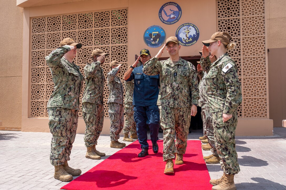 Vice Adm. Brad Cooper, commander of U.S. Naval Forces Central Command, U.S. 5th Fleet and Combined Maritime Forces, right, and Brazilian Navy Adm. Marcos Sampaio Olsen, Chief of Naval Operations, depart U.S. 5th Fleet headquarters in Manama, Bahrain, Aug. 18.