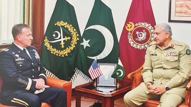 PHOTO: U.S. General Michael "Erik" Krill meets with Pakistan General Qamar Javed Bajwa at the Pakistan Army General Headquarters in Rawalpindi, Pakistan.