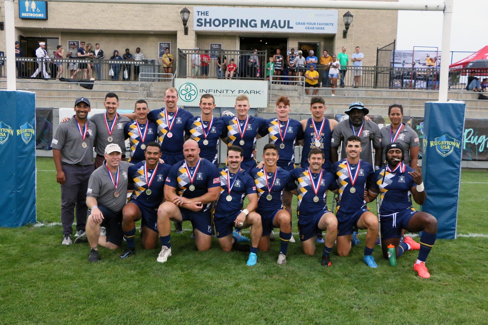 All-Navy Rugby holding their silver medals after the championship match of the 2022 Armed Forces Sports Men's Rugby Championship held in conjunction with the Rugbytown 7's Rugby Tournament in Glendale, Colo.  Championship features teams from the Army, Marine Corps, Navy, Air Force (with Space Force players), and Coast Guard.