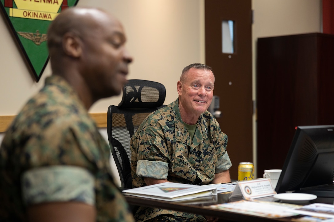 U.S. Marine Corps Maj. Gen. David Maxwell, the commanding general of Marine Corps Installations Command, attends a brief on Marine Corps Air Station Futenma, Okinawa, Japan, Aug. 17, 2022. Shortly after his arrival to Okinawa, Maxwell toured MCAS Futenma to learn about air operations and capabilities in the Pacific region. During the tour, staff and personnel briefed Maxwell on air traffic control, air defense systems, and future barracks construction. (U.S. Marine Corps photo by Lance Cpl. Thomas Sheng)