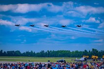 United States Navy Blue Angels perform their aerobatics demonstration during an air show, at Dayton, Ohio, July 31, 2022. The Dayton Airshow is an annual event held at the Dayton International Airport for aerobatics demonstrations and static displays of aircraft. (U.S. Marine Corps photo by Sgt. Leo Amaro)