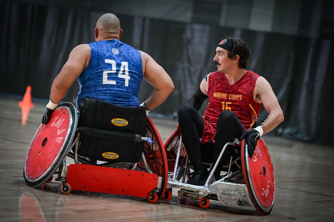 U.S. Marine Corps Sgt. Patrick MacDonald, veteran, takes part in the wheelchair rugby prelims, during the 2022 DoD Warrior Games in Orlando, Fla. on Aug. 20, 2022. The annual event celebrates the resiliency and dedication of wounded, ill, and injured U.S. Service Members and veterans.