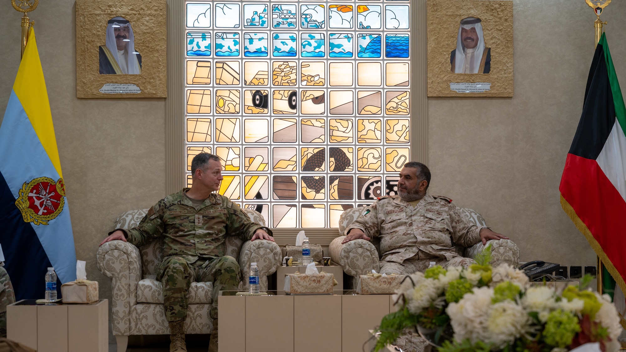 U.S. Air Force Lt. Gen. Alexus G. Grynkewich, left, Ninth Air Force (Air Forces Central) commander, speaks with His Excellency, Staff Lt. Gen. Khaled Saleh Al-Sabah, right, Chief of the General Staff of the Army of the State of Kuwait at the Kuwait Ministry of Defense, Aug. 17, 2022. During the visit, Grynkewich met with Kuwaiti military leaders to discuss the importance of resolute partnerships within the U.S. Central Command area of responsibility. (U.S. Air Force photo by Senior Airman Dominic Tyler)