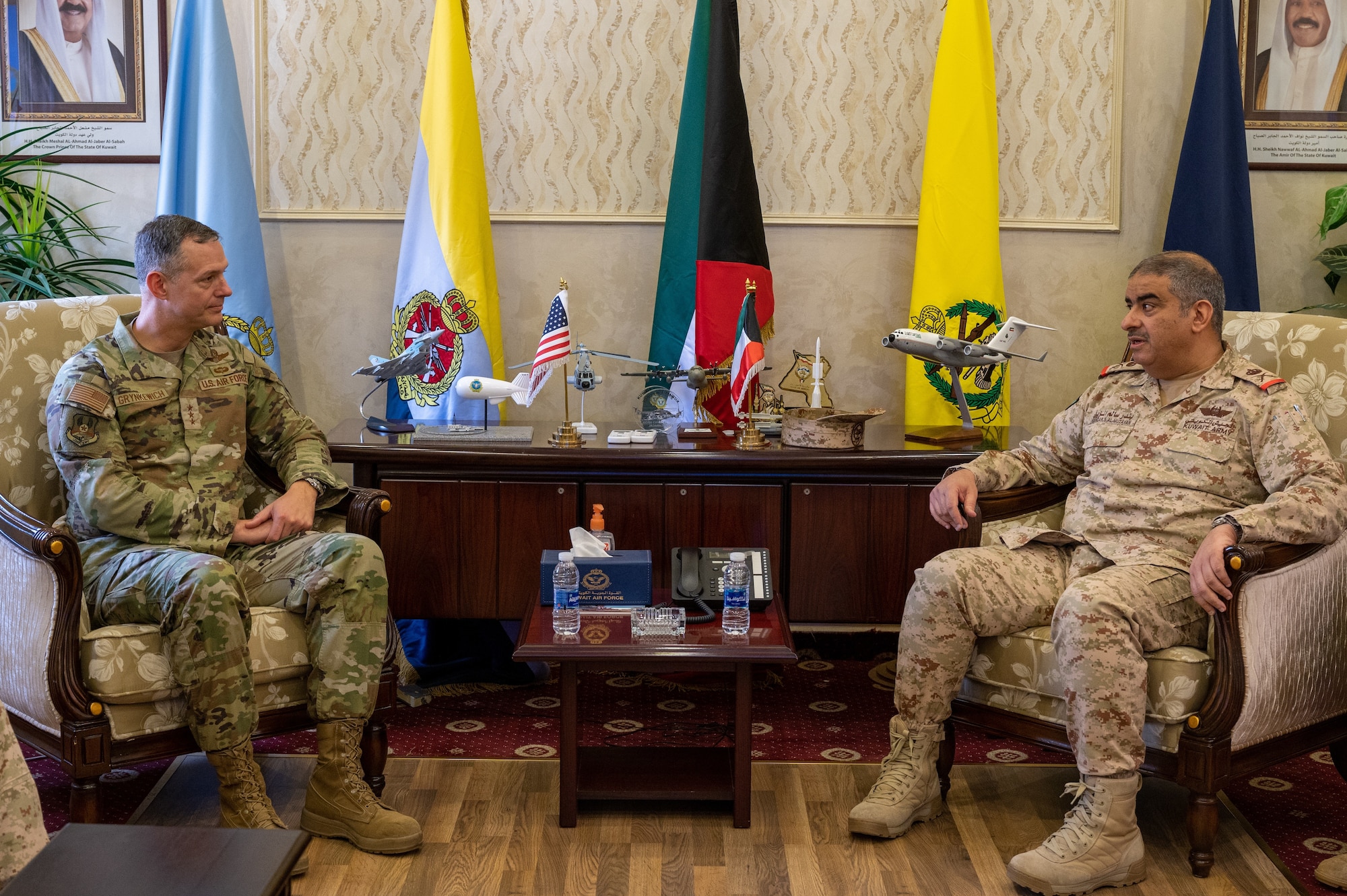 U.S. Air Force Lt. Gen. Alexus G. Grynkewich, left, Ninth Air Force (Air Forces Central) commander, meets with Maj. Gen. Bandar Salem Al-Muzayan, right, acting Kuwait Air Force command chief, at the Kuwait Air Force Headquarters, Aug. 17, 2022. During the visit, Grynkewich met with Kuwaiti military leaders to discuss the importance of resolute partnerships within the U.S. Central Command area of responsibility. (U.S. Air Force photo by Senior Airman Dominic Tyler)