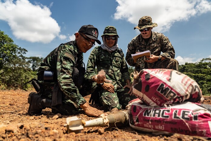 Royal Thai Armed Forces SM1 Uthon Namsuwan, a Thailand Mine Action Center Explosive Ordnance Disposal student with Humanitarian Mine Action Unit 3, performs a render safe technique on an 81mm high explosive mortar during an HMA EOD Level 3 course at Ta Mor Roi Training area in Surin Province, Thailand, Jul. 29, 2022. Royal Thai and American Armed Forces work together to train TMAC students in EOD level 3 in order to develop an EOD capacity to assist TMAC’s mission of becoming landmine free. This partnership is aligned with the U.S. Department of Defense’s Humanitarian Mine Action Program, which assists partnered nations affected by landmines, explosive remnants of war, and the hazardous effects of unexploded ordnance.