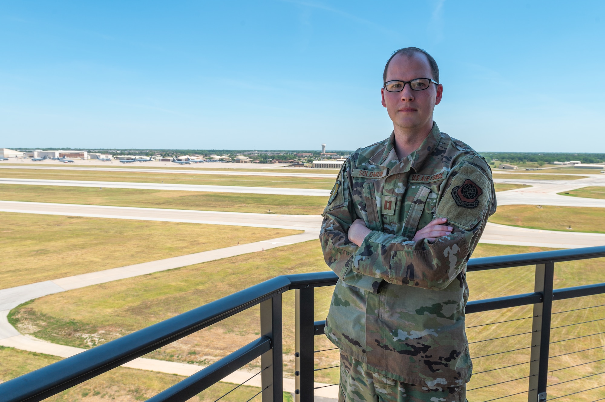Captain Adam Solomon, 22nd Operations Support Squadron airfield operations flight commander, poses for a photo Aug. 12, 2022 at McConnell Air Force Base, Kansas.