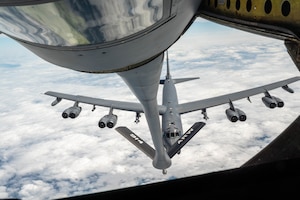 KC-135 Stratotanker refuels a B-52 Stratofortress.