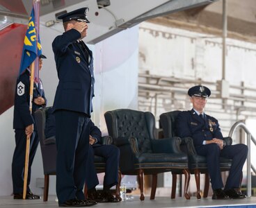 U.S. Air Force Maj. Gen. Phillip A. Stewart, Nineteenth Air Force commander, renders his first salute during the Nineteenth Air Force change of command ceremony