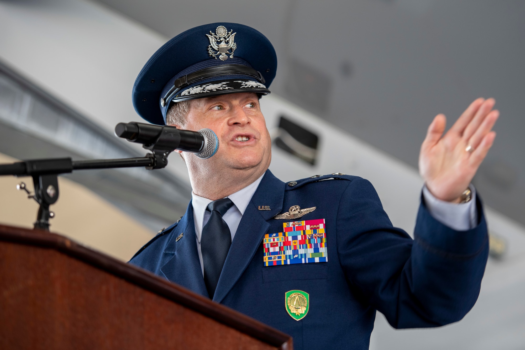 U.S. Air Force Maj. Gen. Phillip Stewart, 19th Air Force commander, speaks to the audience after receiving the unit guidon during the 19th Air Force change of command ceremony Aug. 19, 2022, at Joint Base San Antonio-Randolph, Texas. Stewart is responsible for monitoring production and oversees top level instruction and flying operations, manning, contracts, logistics and maintenance trends. (U.S. Air Force photo by Jonathan Mallard)