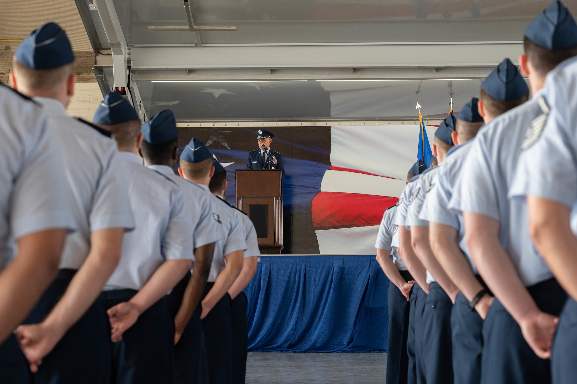 U.S. Air Force Lt. Gen. Brian S. Robinson, commander of Air Education and Training Command, gives opening remarks during the opening of the 19th Air Force change of command ceremony August 19, 2022, at Joint Base San Antonio-Randolph, Texas. AETC is responsible for training more than 293,000 students per year with about 60,000 active-duty, Reserve, Guard, civilian and contractor personnel. (U.S. Air Force photo by Senior Airman Tyler McQuiston)