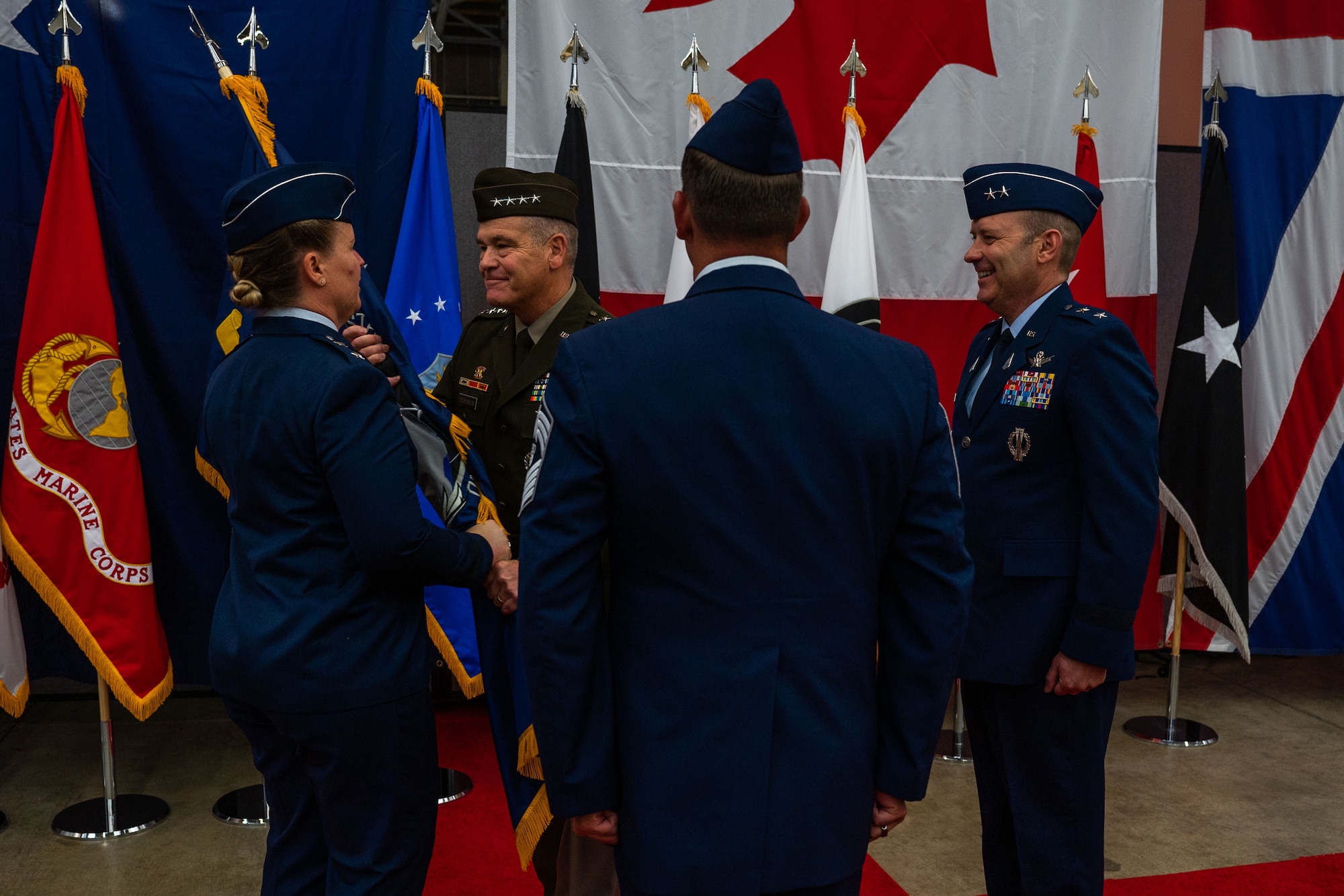 (From left to right) U.S. Space Force Maj. Gen. DeAnna M. Burt, outgoing Combined Force Space Component Command (CFSCC) commander, U.S. Army Gen. James H. Dickinson, U.S. Space Command commander, U.S. Space Force Chief Master Sgt. Grange S. Coffin IV, CFSCC SEL, and U.S. Space Force Maj. Gen. Douglas A. Schiess, incoming CFSCC commander, prepare to participate in the ceremonious passing of the guidon during the CFSCC change of command ceremony at Vandenberg Space Force Base, Calif., Aug. 22, 2022. The transfer of command is a tradition dating back to the 18th century, and symbolizes the continuity of command of the armed forces. (U.S. Space Force photo by Tech. Sgt. Luke Kitterman)
