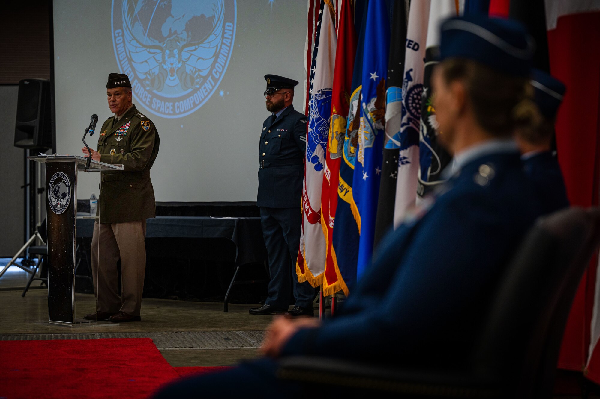 U.S. Army Gen. James H. Dickinson, U.S. Space Command commander, speaks during the Combined Force Space Component Command (CFSCC) change of command ceremony at Vandenberg Space Force Base, Calif., Aug. 22, 2022. Dickinson was the presiding officer for the ceremony and facilitated the transfer of CFSCC’s command from U.S. Space Force Maj. Gen. DeAnna M. Burt to U.S. Space Force Maj. Gen. Douglas A. Schiess. (U.S. Space Force photo by Tech. Sgt. Luke Kitterman)